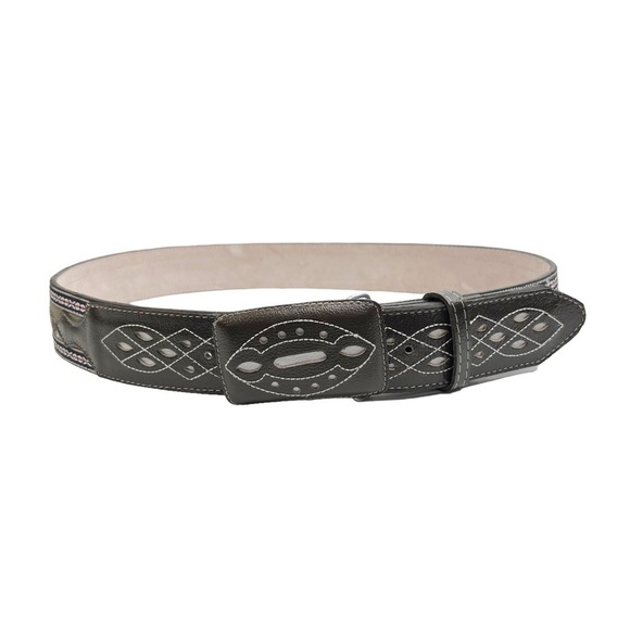 Brown Genuine Leather Calf Hair Aztec Ribbon Trim Belt - Picture 1 of 12
